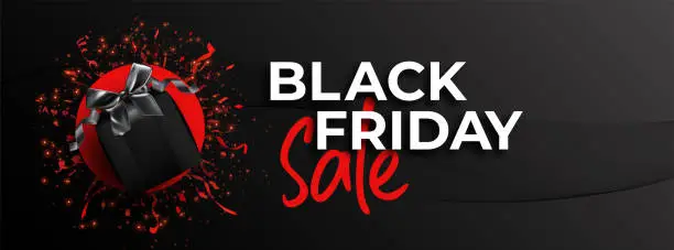 Vector illustration of Black Friday sale banner design with dark background & red and black color theme. Limited time offer for special discount and offers. Black gift box, red confetti.
