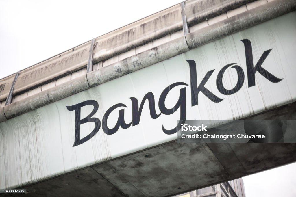 Text of the word Bangkok on the BTS SkyTrain in Bangkok Thailand and copy space Text of the word Bangkok on the BTS SkyTrain in Bangkok Thailand and copy space. Bangkok Stock Photo
