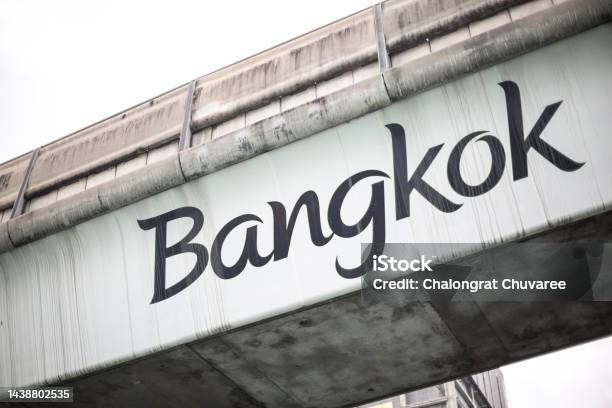 Text Of The Word Bangkok On The Bts Skytrain In Bangkok Thailand And Copy Space Stock Photo - Download Image Now