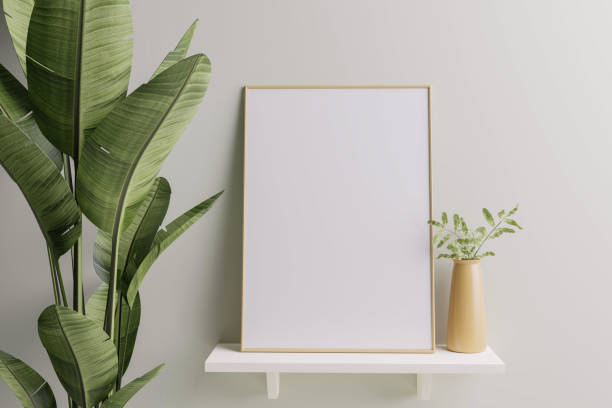 istock Picture frame placed on the shelf with flower pots. 1438803910