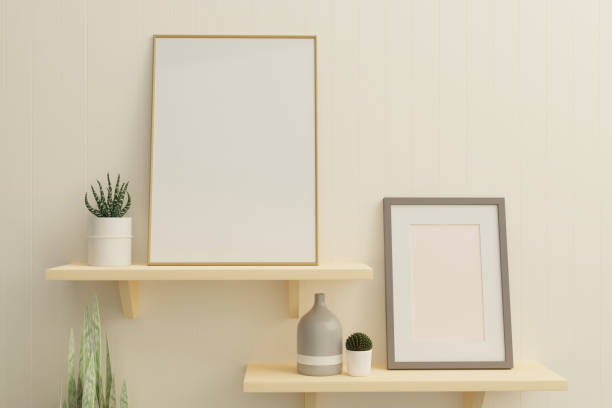 istock Picture frame placed on the shelf with flower pots. 1438806010
