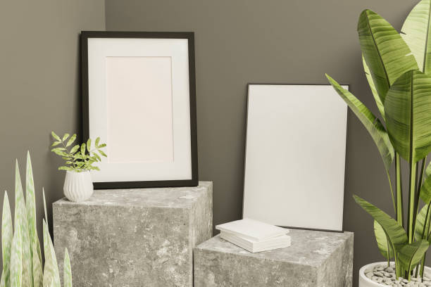 istock Picture frame attached to the wall and has a table at the bottom. 1438806144