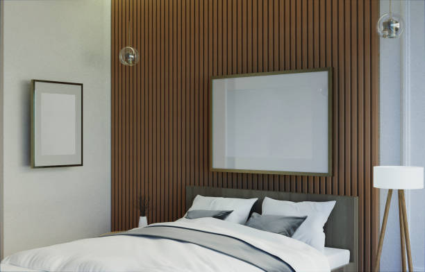 istock A bed in the room with a picture frame on the wall. 1438806204