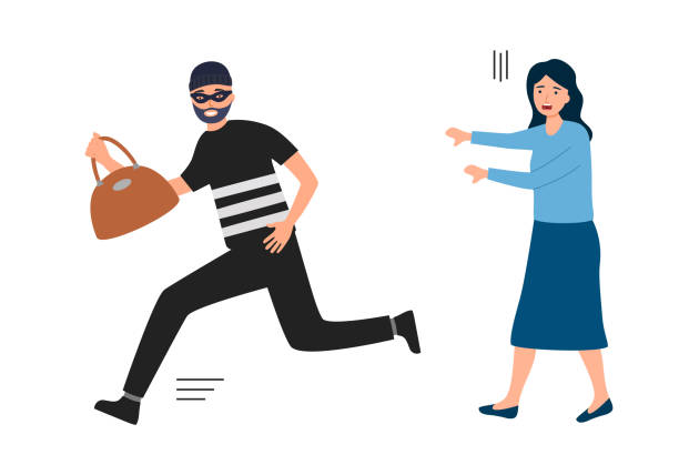 Woman whose bag stolen in flat design on white background. Thief steal money from woman. Woman whose bag stolen in flat design on white background. Thief steal money from woman. pickpocketing stock illustrations