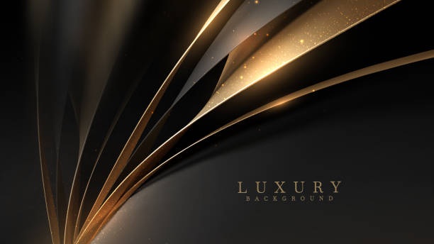 istock Black luxury background with golden ribbon elements and glitter light effect decoration and stars. Realistic 3d style design. Vector illustration. 1438808703