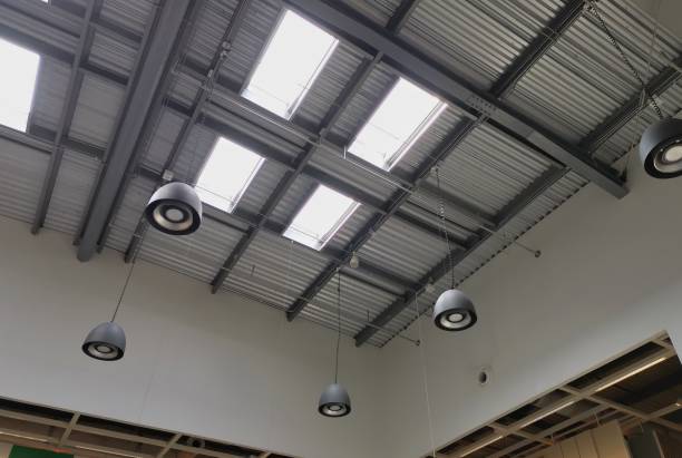 istock Steel structure with roof and hanging lamps. 1438810464