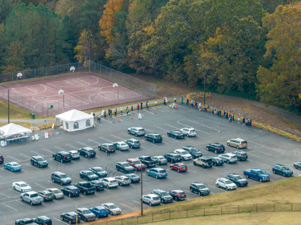 Atlanta, Georgia  United States - November 3 2022: Aerial of people voting for Midterm elections stock photo