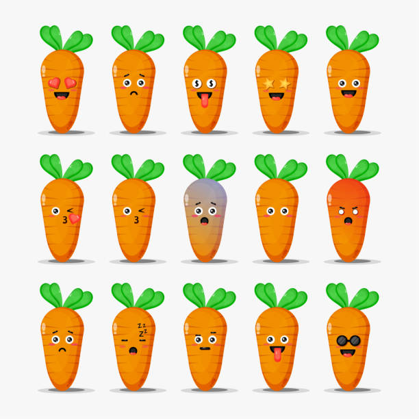 ilustraciones, imágenes clip art, dibujos animados e iconos de stock de lindo conjunto de zanahoria con emoticonos - baby carrot