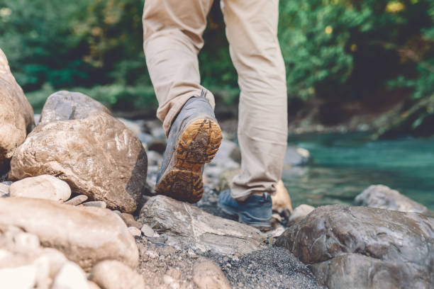 istock men's footsteps on the beach of river 1438812898