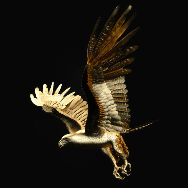 istock A golden falcon in swooping posture. Side view. 3D illustration. 1438817054