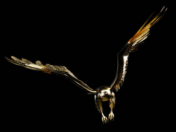 istock A golden falcon spreading its wings. Front view. 3D illustration. 1438817059