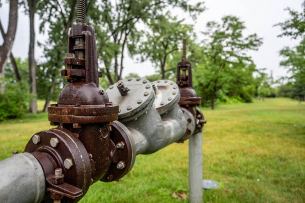 istock Water main pipe with back flow prevention, double block, and bleed valves 1438817275