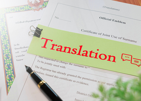 red translation text over English official translation paperwork for service