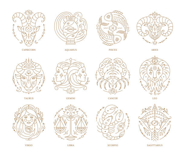 Set of zodiac astrology horoscope signs thin line Set of zodiac astrology horoscope signs thin line. Capricorn, Aquarius, Pisces, Aries, Taurus, Gemini symbols of esoteric, zodiacal astrological calendar, horoscope constellation vector illustration star constellation tattoo stock illustrations