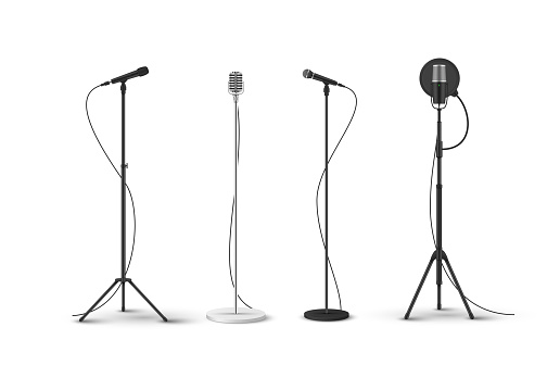 Microphones with stands set realistic vector illustration. Mic different shapes on counters for loud speaking concert singing music performance on stage radio song voice speech professional recording