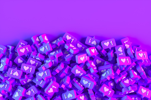 Like icon social media notification on speech Bubble. Stack background. Neon lighting. Purple and pink colors.