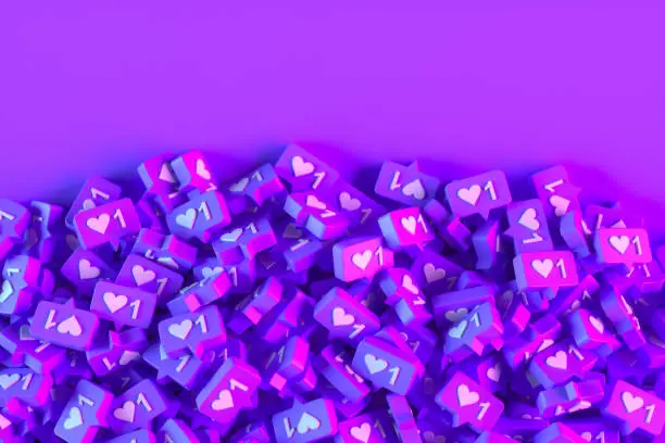Like icon social media notification on speech Bubble. Stack background. Neon lighting. Purple and pink colors.
