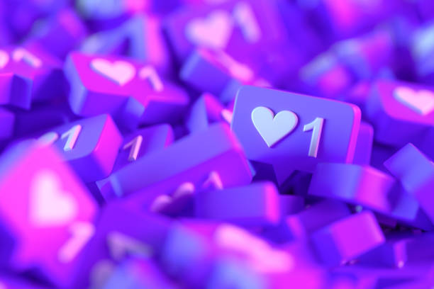 Like icon social media notification on speech Bubble. Stack background. Neon lighting. Purple and pink colors.