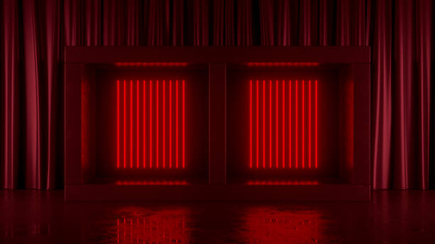 Empty product podium, exhibition, platform for the product placement. Dark room with ultraviolet neon laser glowing lines. Copy space for advertisement.