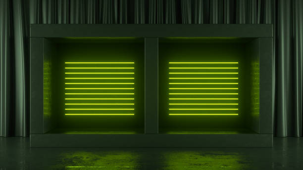 istock Empty Product Podium, Exhibition, Platform in Dark Room with Ultraviolet Neon Laser Glowing Lines 1438832816