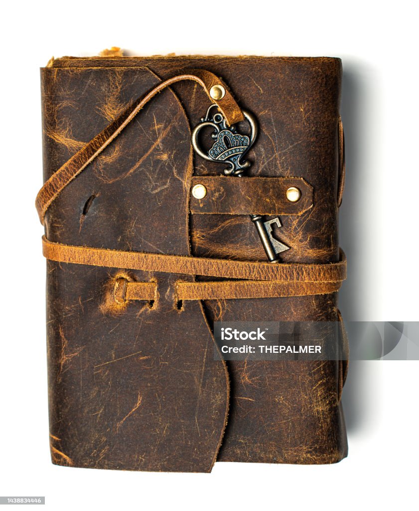 Antique Leather Journal with old key Diary Stock Photo