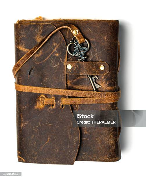 Antique Leather Journal With Old Key Stock Photo - Download Image Now - Diary, Leather, Book Cover