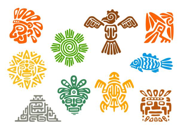 Mayan Aztec totems, Mexican Inca tribal symbols Mayan Aztec totems, Mexican tribal vector symbols of sacred animals and birds. Maya or Mexico Inca tribe totem signs of sun, fish, turtle or pyramid and deity mask, ethnic Aztec tribal symbols totem pole face stock illustrations