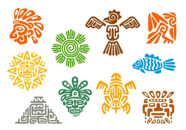 Mayan Aztec totems, Mexican Inca tribal symbols Mayan Aztec totems, Mexican tribal vector symbols of sacred animals and birds. Maya or Mexico Inca tribe totem signs of sun, fish, turtle or pyramid and deity mask, ethnic Aztec tribal symbols prehistoric turtle stock illustrations