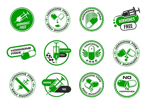 Hormone free icons, healthy organic food stickers and labels, vector stamps. Natural farm meat and no GMO products sign, USDA no hormones icon with syringe and pill for healthy food package badges