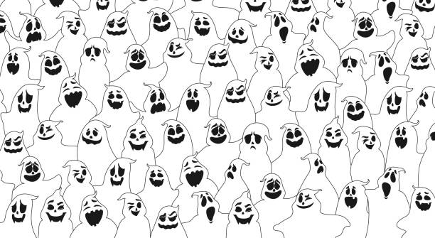 Cartoon halloween ghosts pattern vector background Cartoon halloween ghosts pattern. White vector background with creepy spooks emotions and face expressions. Monochrome ornament for wrapping paper, web design or greeting card with funny phantoms background of the sad face black and white stock illustrations
