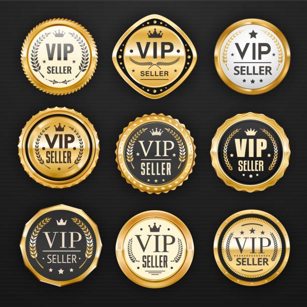 illustrazioni stock, clip art, cartoni animati e icone di tendenza di badge d'oro per venditori vip, etichette di qualità premium - seal stamper business medal certificate