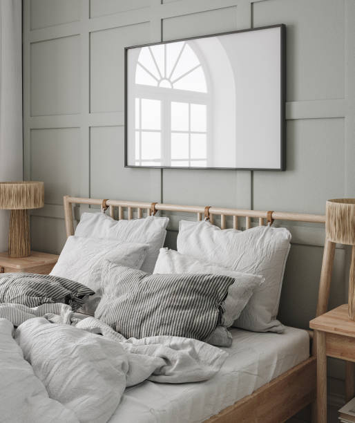 Mockup frame in cozy bedroom interior background stock photo