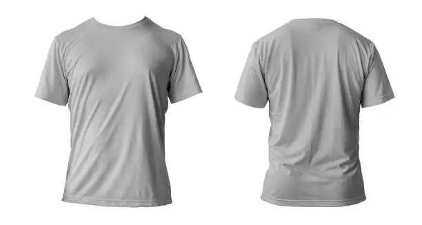 Photo of Blank grey clean t-shirt mockup, isolated, front view. Empty tshirt model mock up. Clear fabric cloth for football or style outfit template.