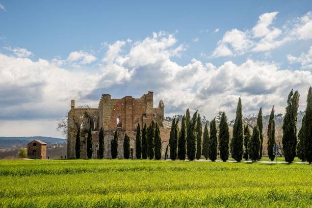 schöne aufnahme der abbazia di san galgano in der ferne in italien - san galgano stock-fotos und bilder