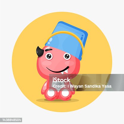 istock Cute monster wearing a bucket helmet 1438848504
