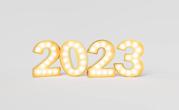 3D rendering of 2023 light bulb sign stock photo