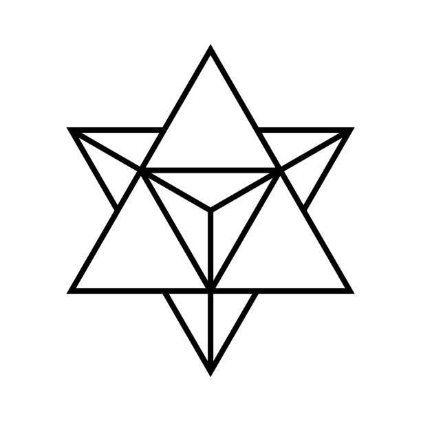 Merkaba symbol. Sacred geometry shape. Star tetrahedron. 3D object that is made out of two triangles facing opposite directions while placed within one another. Vector illustration, line icon clip art volume unit meter stock illustrations