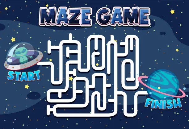 Vector illustration of Maze game template in space theme for kids