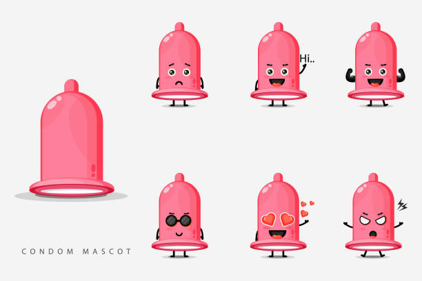 stockillustraties, clipart, cartoons en iconen met cute condom mascot design set - condoom