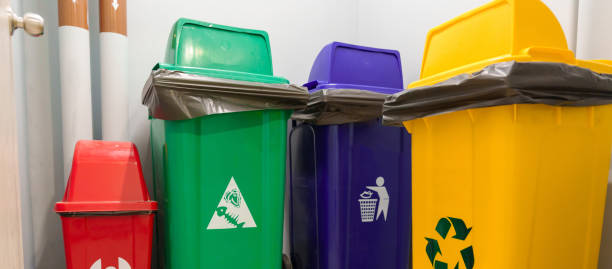 istock Colorful trash dustbin, Red, green, blue and yellow bin for Hazardous, Biodegradable, General and Recyclable waste. recycling management, waste segregation, garbage and rubbish concept 1438853129