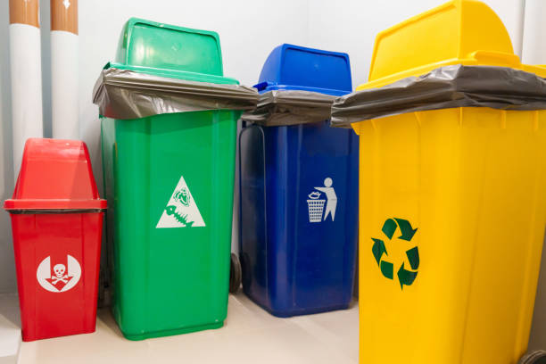 istock Colorful trash dustbin, Red, green, blue and yellow bin for Hazardous, Biodegradable, General and Recyclable waste. recycling management, waste segregation, garbage and rubbish concept 1438853310