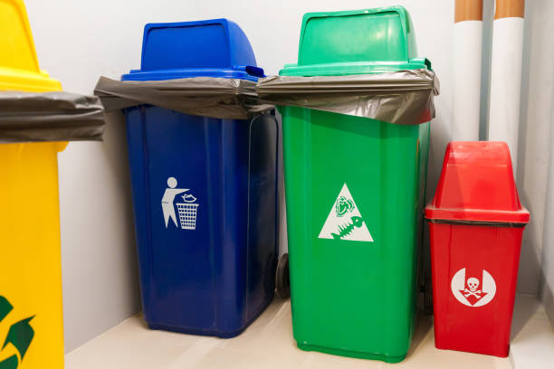 istock Colorful trash dustbin, Red, green, blue and yellow bin for Hazardous, Biodegradable, General and Recyclable waste. recycling management, waste segregation, garbage and rubbish concept 1438853311