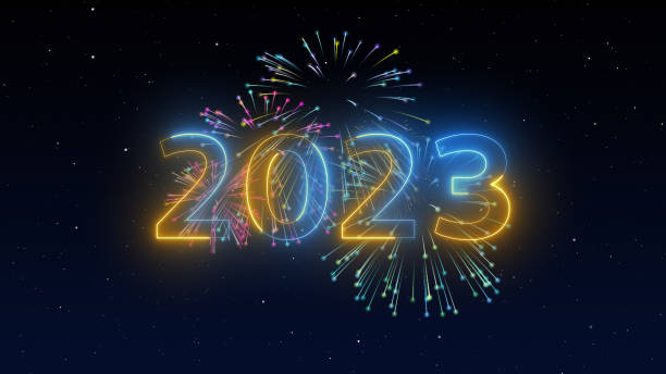 2023 Happy New Year Fireworks on dark night blue sky background with decoration with neon number on yellow and blue background. illustration winter festival season for card and template. modern event 2023 Happy New Year Fireworks on dark night blue sky background with decoration with neon number on yellow and blue background. illustration winter festival season for card and template. modern event 2023 photos stock pictures, royalty-free photos & images