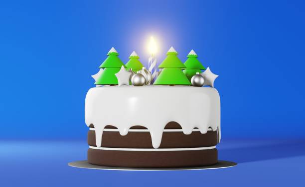 istock Christmas cake with candle 3d rendering blue background. Xmas party advertisement Festive New Year greeting card banner. 1438855005