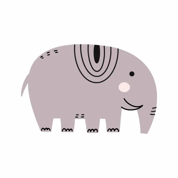 Vector illustration of Cute elephant on white background. Vector doodle illustration. Poster for nursery.