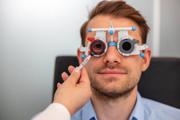 istock Mature Caucasian Man Wearing Phoropter 1438856934