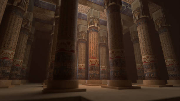 Ancient Egyptian temple with pillars and hieroglyphs 3D rendering of an ancient Egyptian temple with pillars and hieroglyphs ancient egyptian temple stock pictures, royalty-free photos & images
