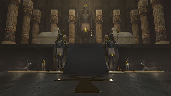 3D rendering of ancient Egyptian temple including statues
