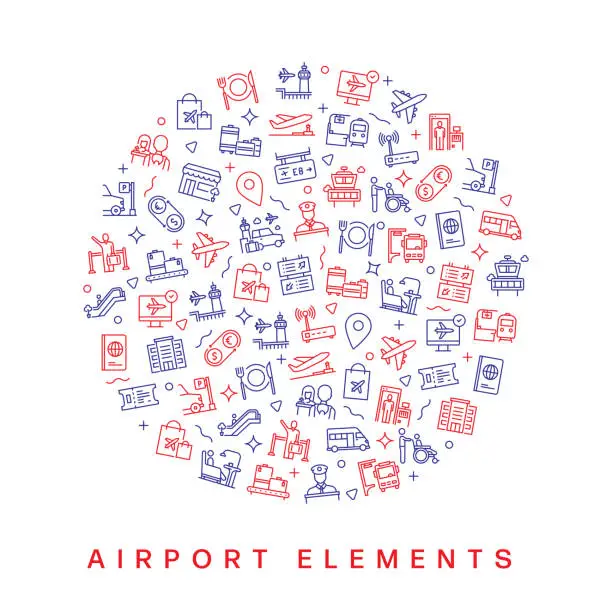 Vector illustration of AIRPORT ELEMENTS RELATED PATTERN DESIGN. MODERN LINE STYLE DESIGN