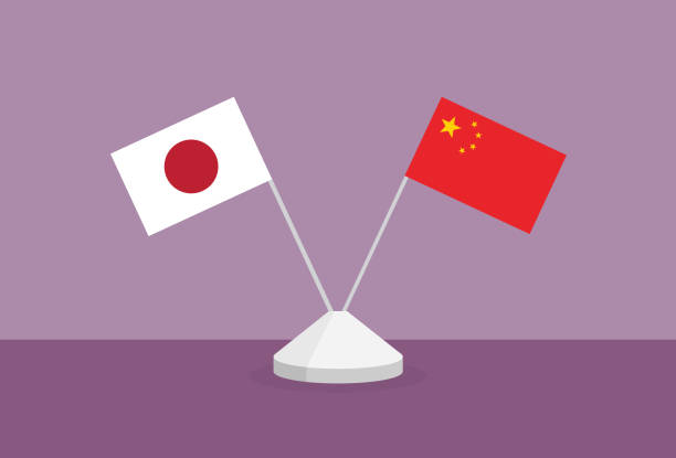 illustrations, cliparts, dessins animés et icônes de drapeau de la chine et du japon sur une table - japanese flag flag japan japanese culture